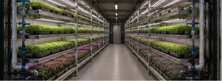Innenansicht eines Produktionscontainers: fünf Regalebenen beidseitig, dicht bewachsen mit grünen und roten Microgreens unter Vollspektrum-Beleuchtung