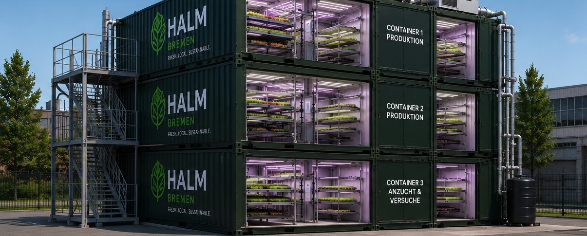Die HALM-Anlage in Bremen: dunkelgrüne 40-Fuß-Container, drei Reihen übereinander gestapelt, mit offener Ansicht auf die beleuchteten Anbauregale und einer Außentreppe